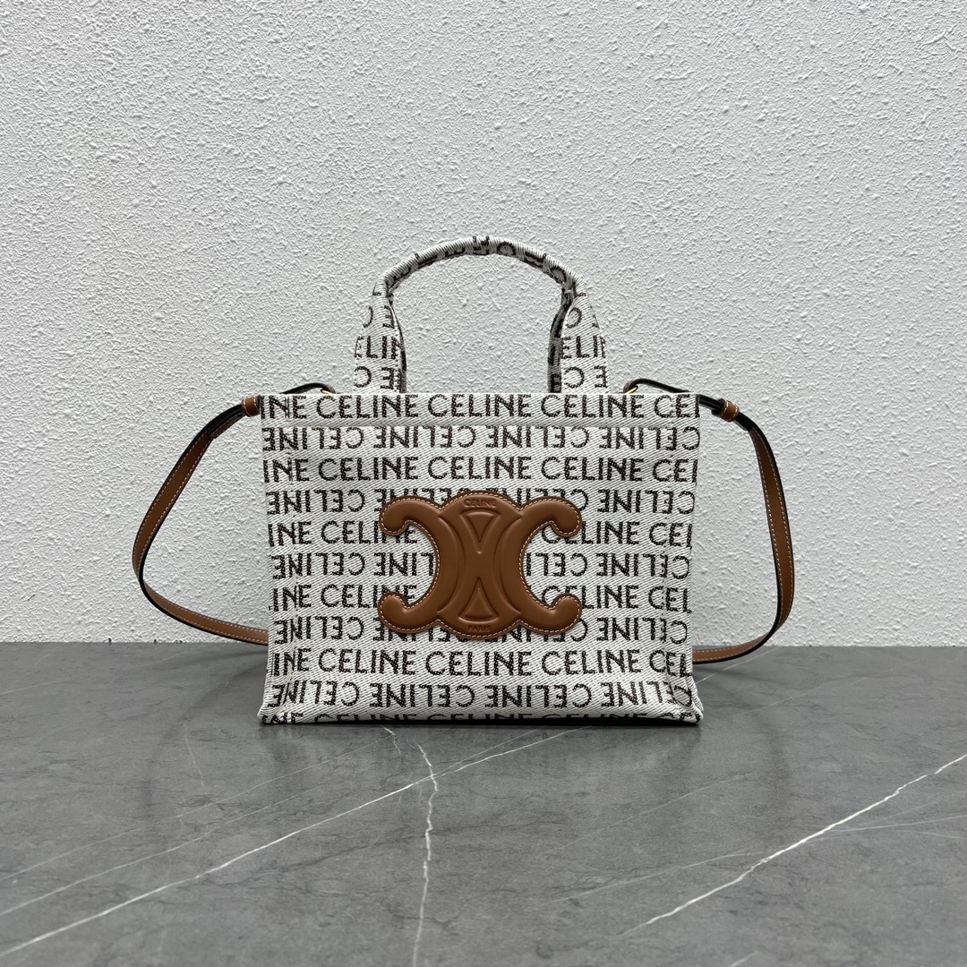 Celine Small Cabas Thais In Textile With Celine All-Over Print And Calfskin Cream 199162